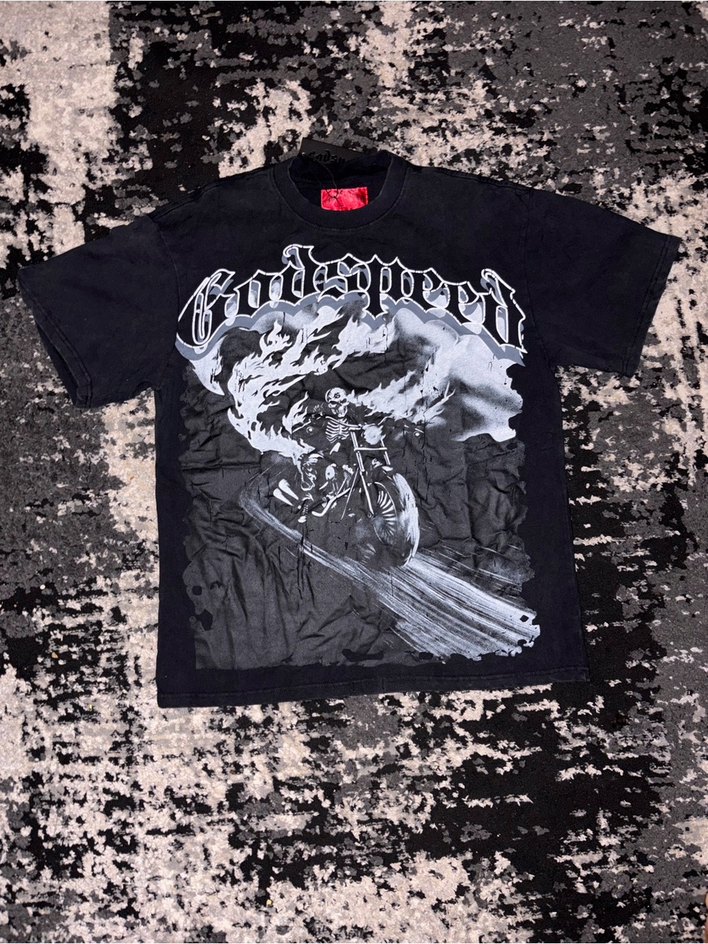 Black Graphic 'Godspeed' Motorcycle Skeleton Tee